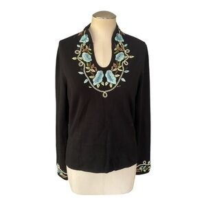 CABO Black Floral Embroidered Blouse L Stretchy Boho